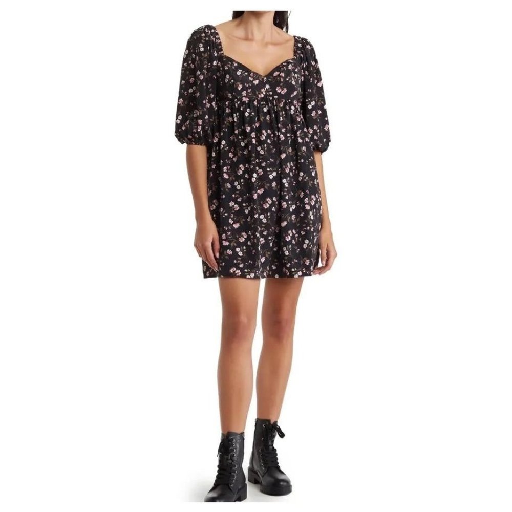 WAYF women's medium black floral puff sleeve babydoll mini dress pockets